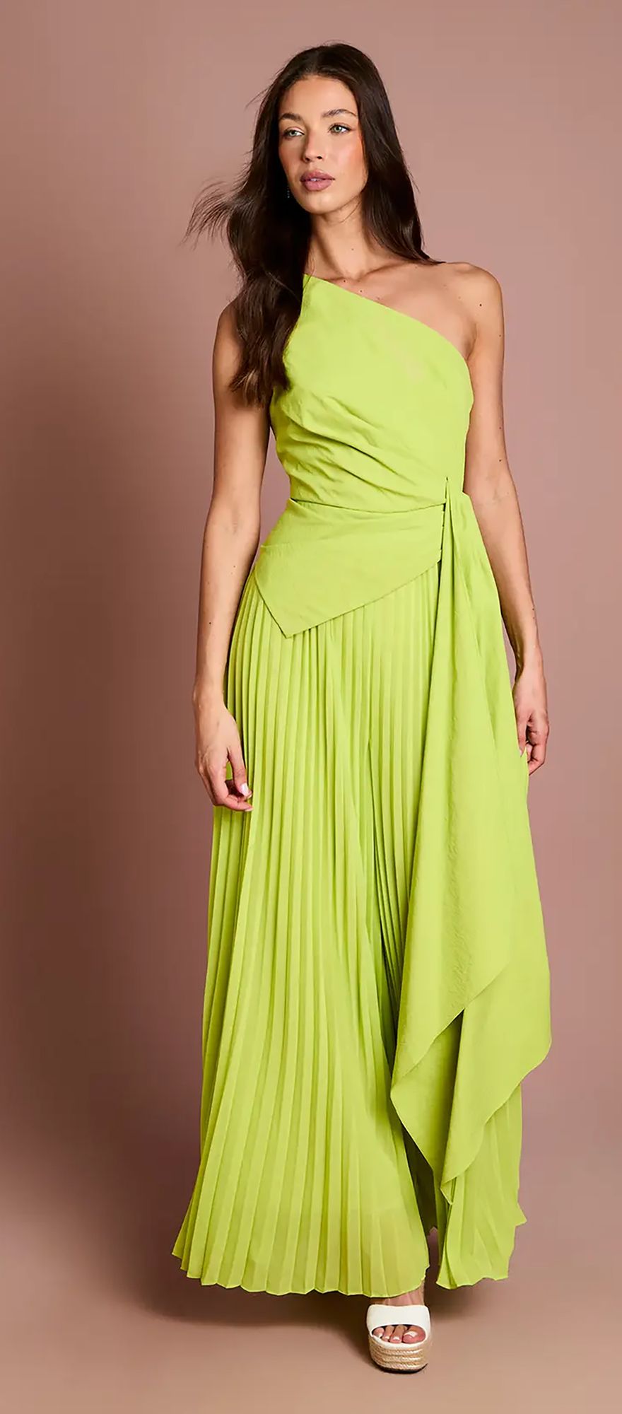 Coast one shoulder drape detail wide leg casual wedding guest jumpsuit in lime
