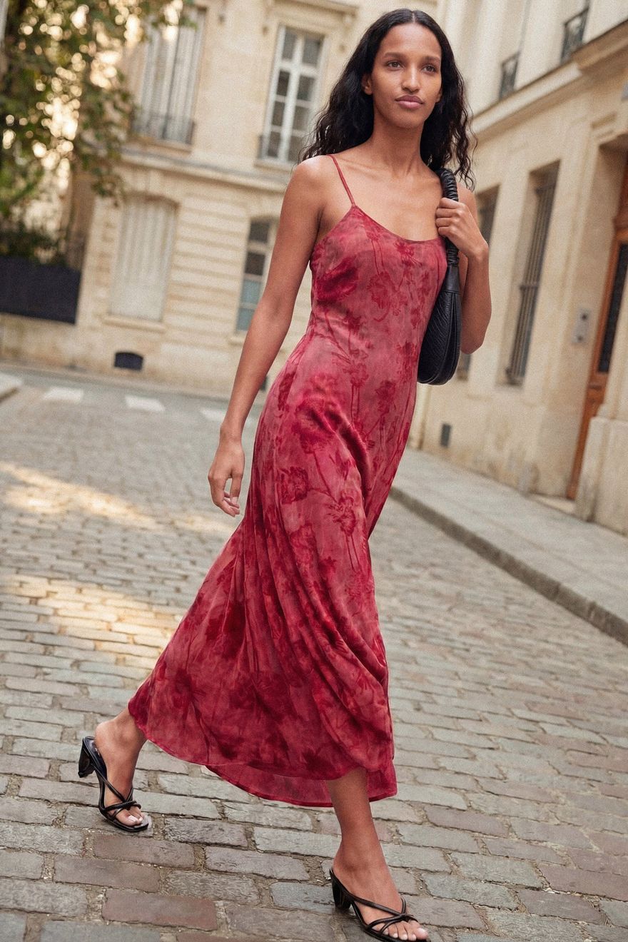 Desigual casual wedding guest dress with flocked fabric and oriental print