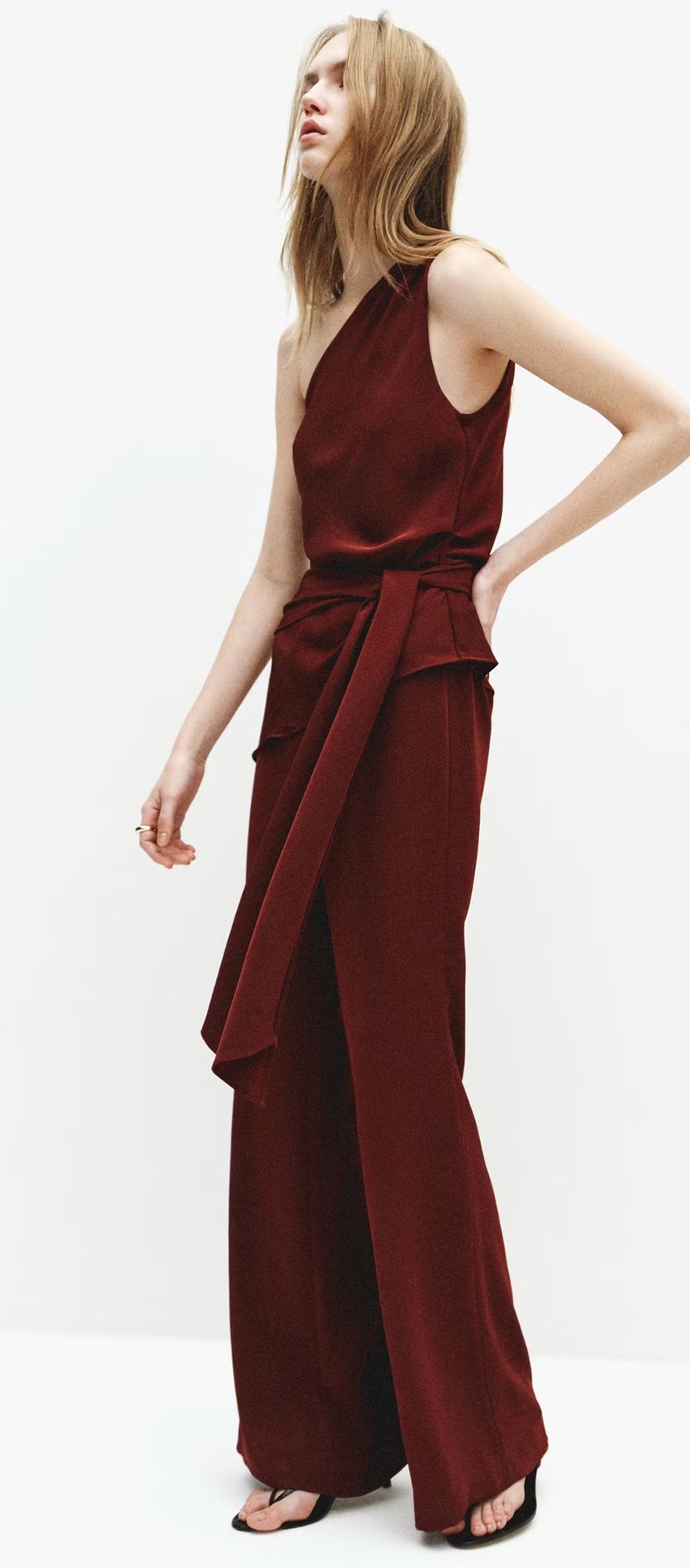 Mango asymmetrical jumpsuit casual wedding guest attire in maroon with bow