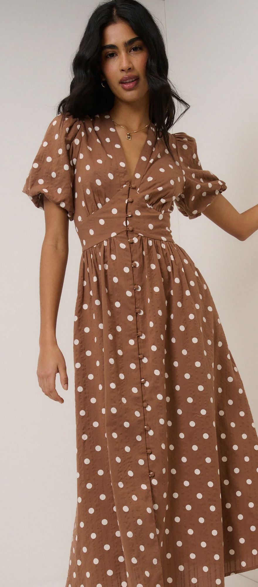 Nobody's Child brown polka dot casual wedding guest dress