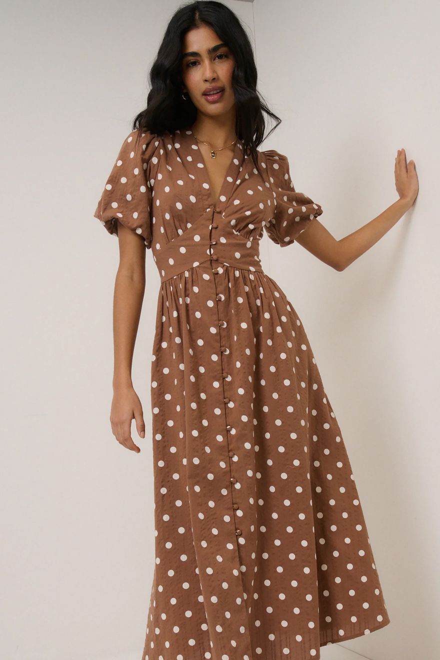 Nobody's Child brown polka dot casual wedding guest dress