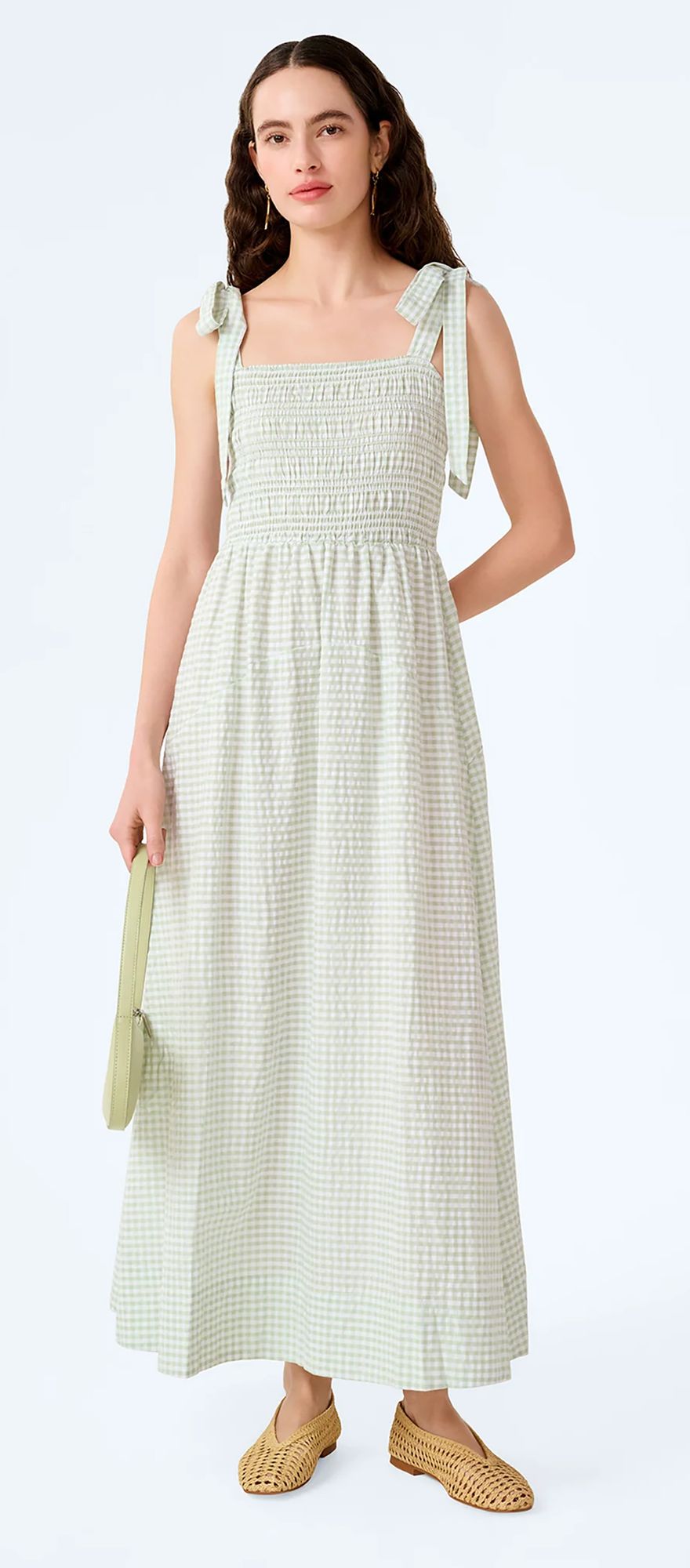 OMNES mint and white gingham casual wedding guest dress