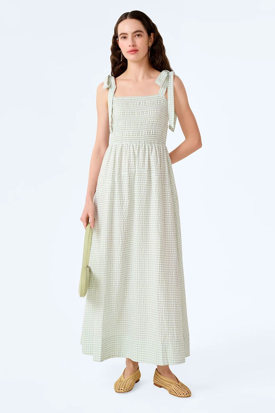 OMNES mint and white gingham casual wedding guest dress