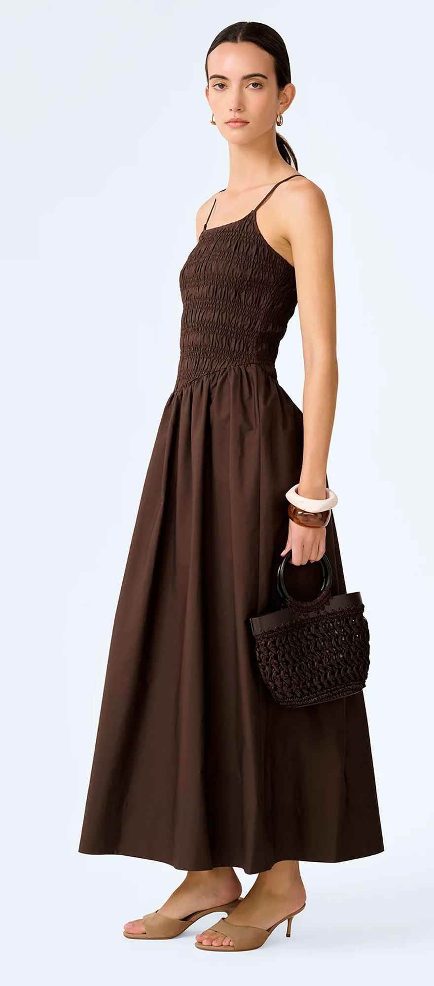 OMNES chocolate casual wedding guest dress with shirred dropped waist