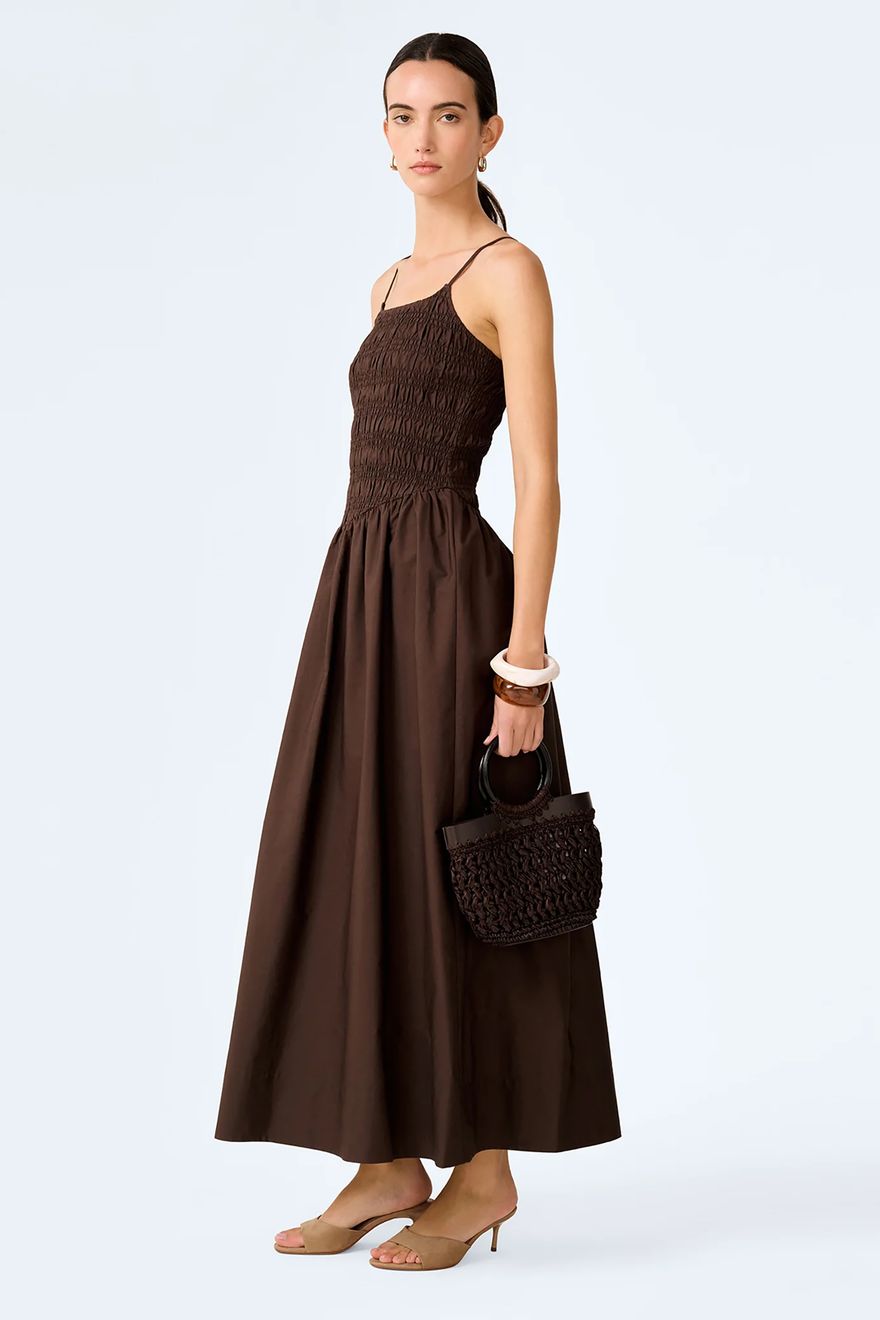 OMNES chocolate casual wedding guest dress with shirred dropped waist