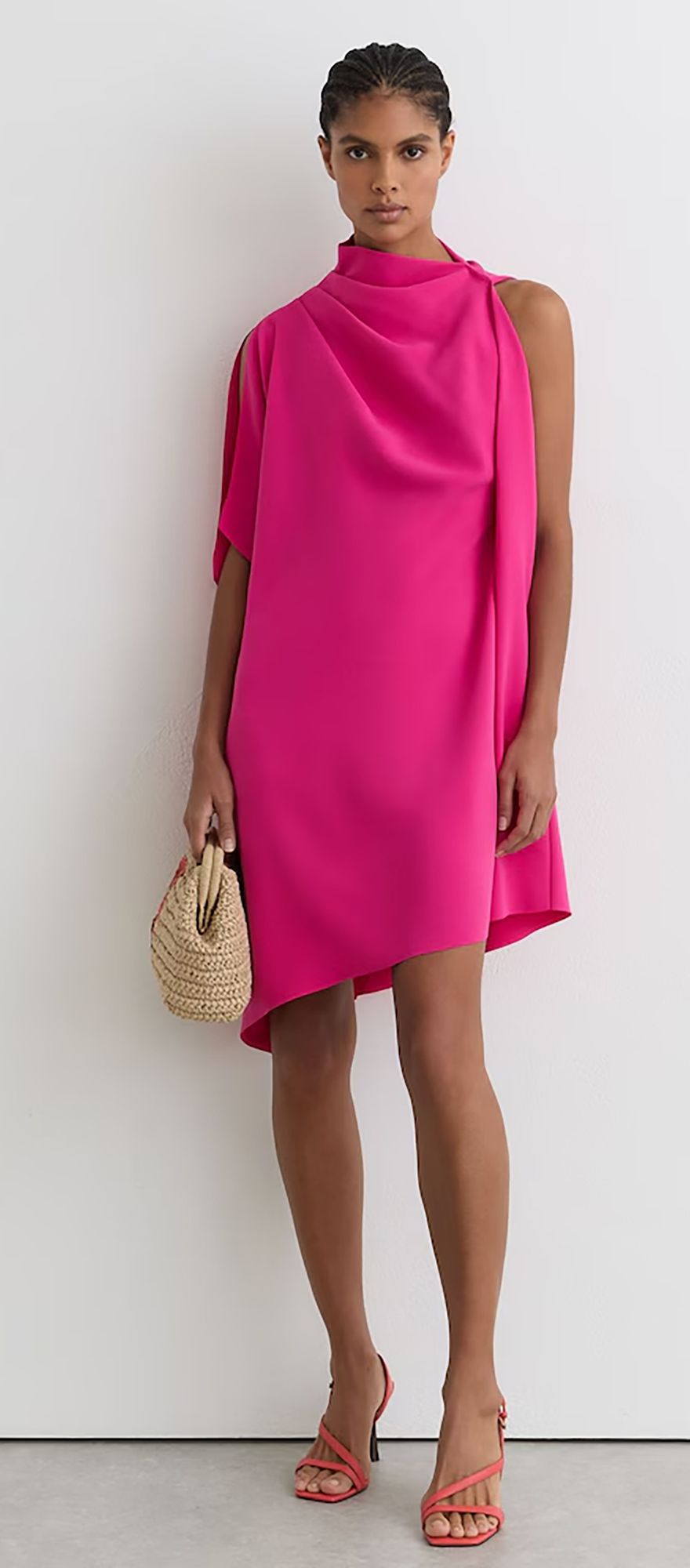 Reiss one shoulder draped casual wedding guest mini dress in pink