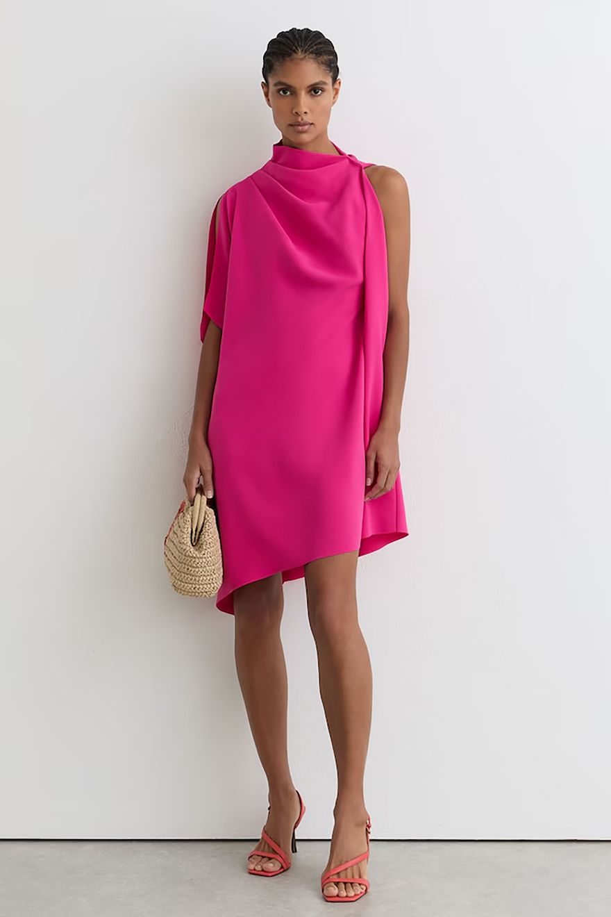 Reiss one shoulder draped casual wedding guest mini dress in pink