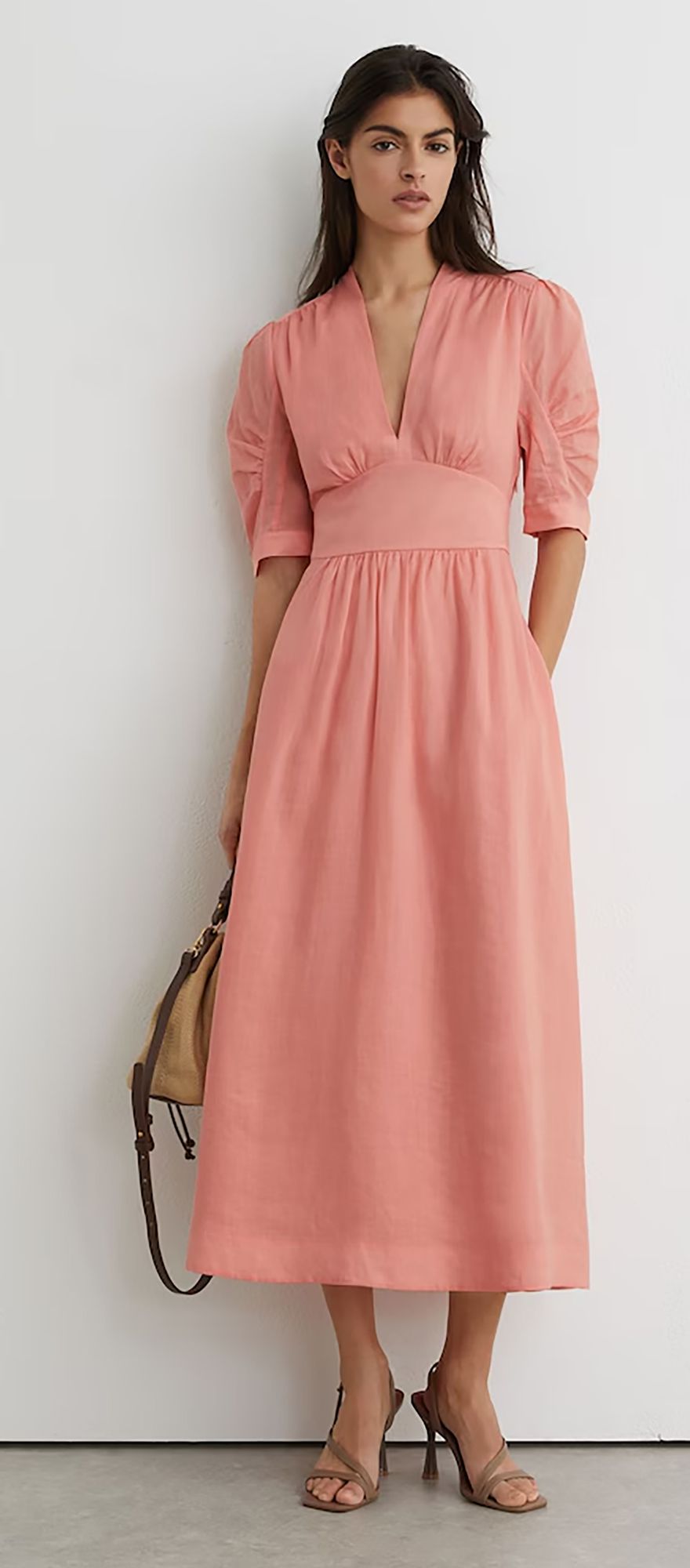 Reiss short sleeve midi casual wedding guest dress in pink