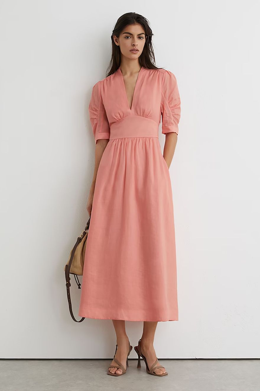 Reiss short sleeve midi casual wedding guest dress in pink