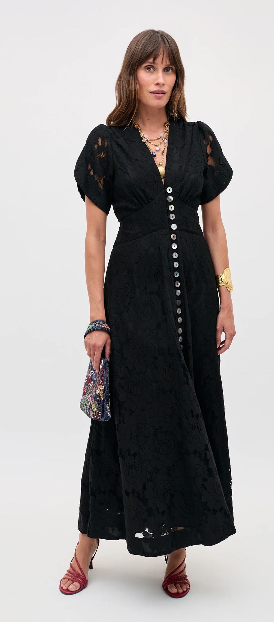 RIXO black lace casual midi wedding guest dress