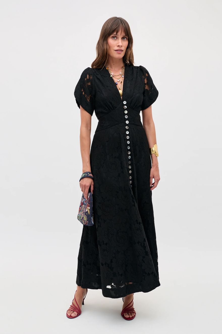 RIXO black lace casual midi wedding guest dress