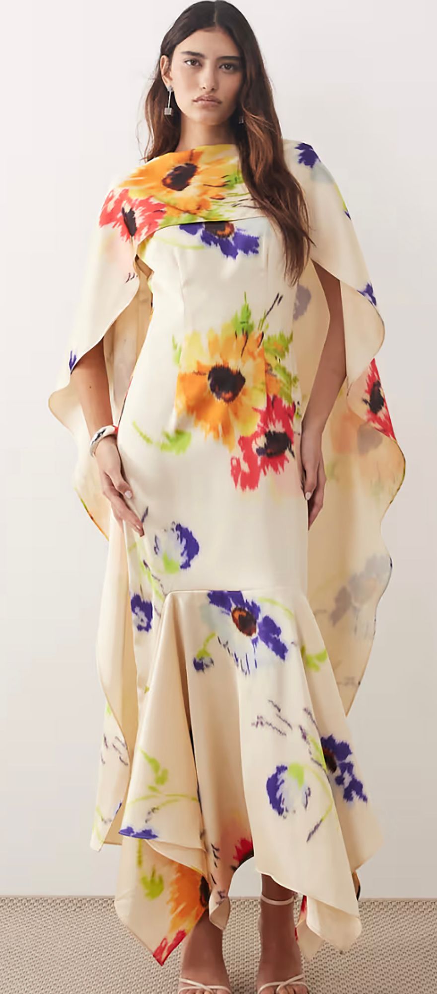 Blurred floral print scarf neck spring wedding guest dress