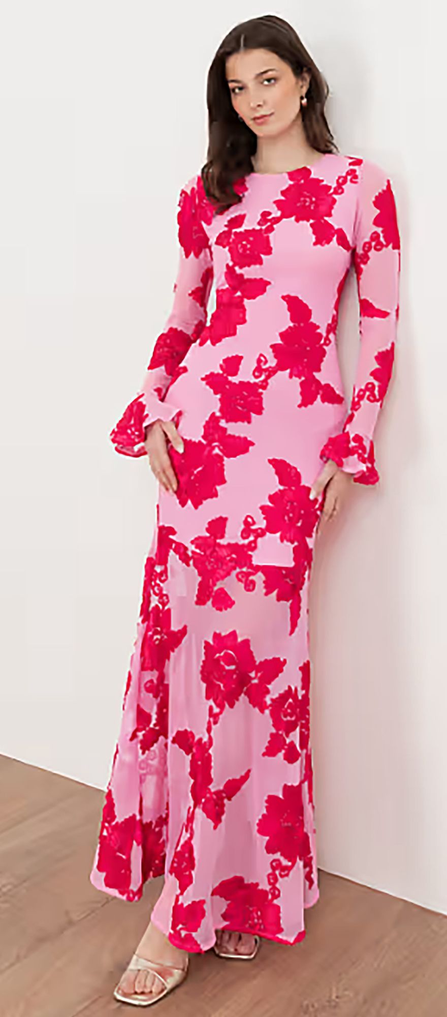Hot pink long sleeve mesh floral spring wedding guest dress