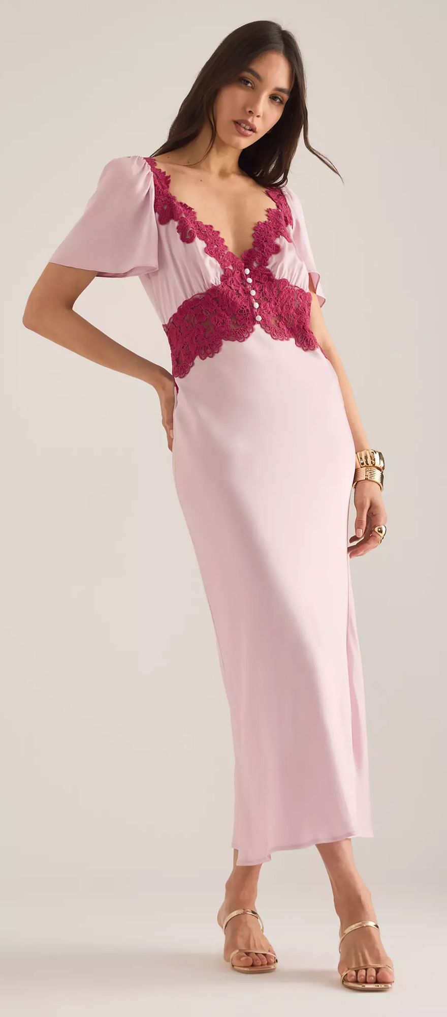 Pink satin lace mini spring wedding guest dress