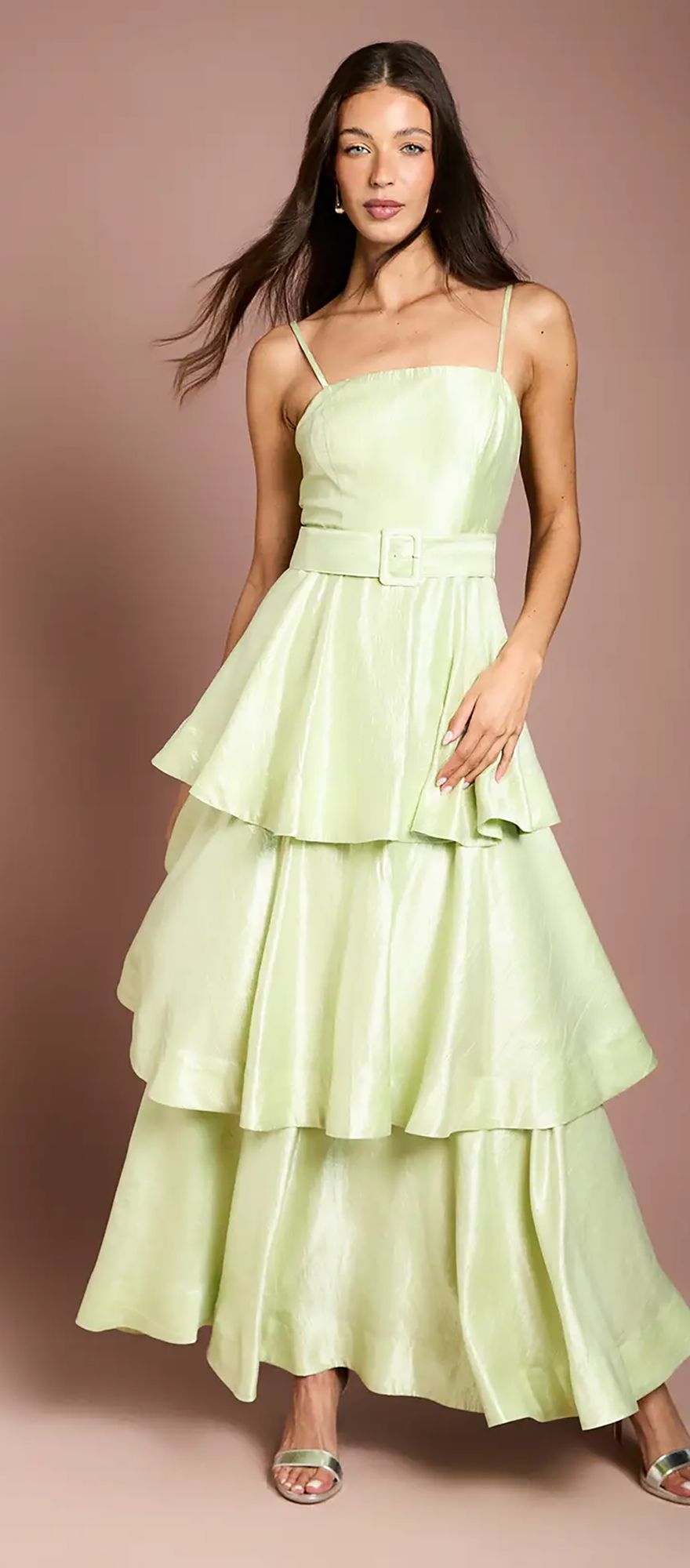 Sage green belted tiered maxi spring wedding guest dress