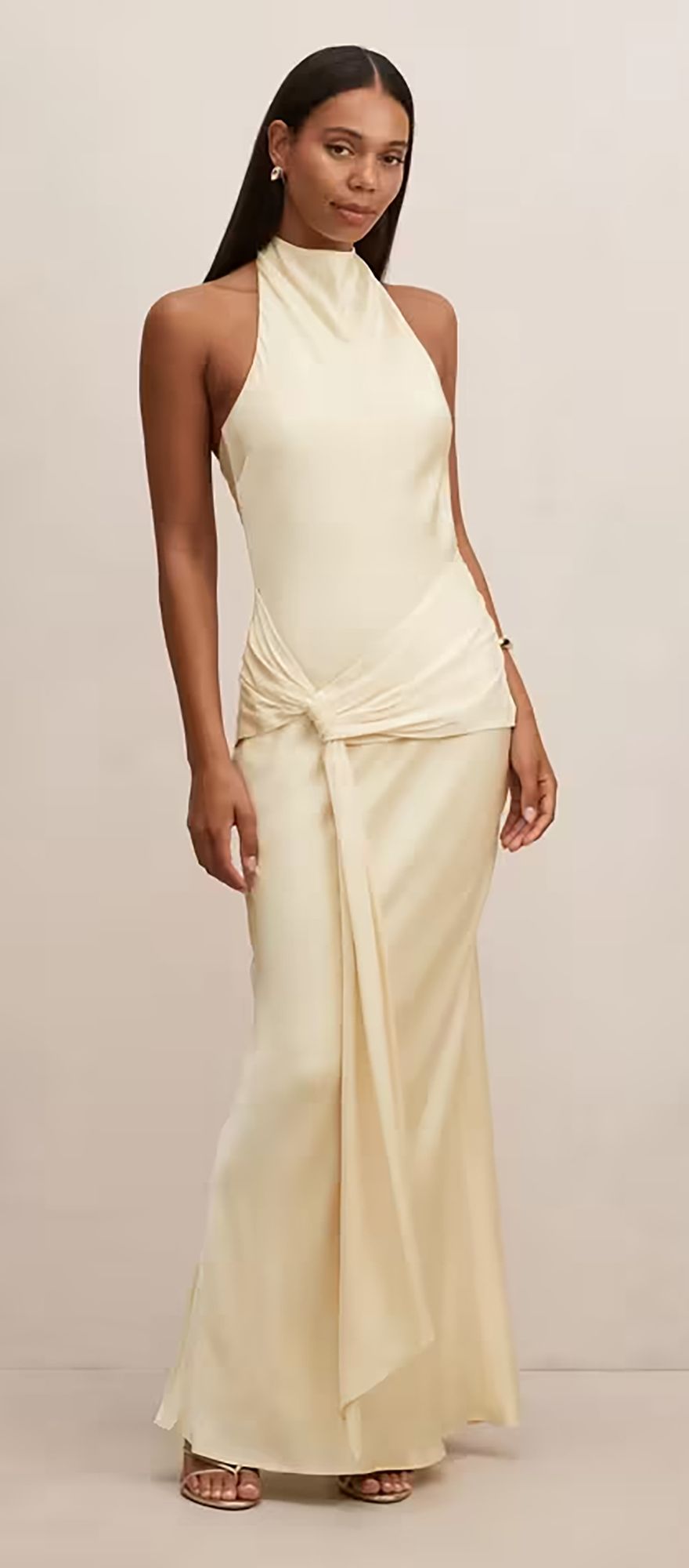 High neck halter soft yellow satin spring wedding guest dress