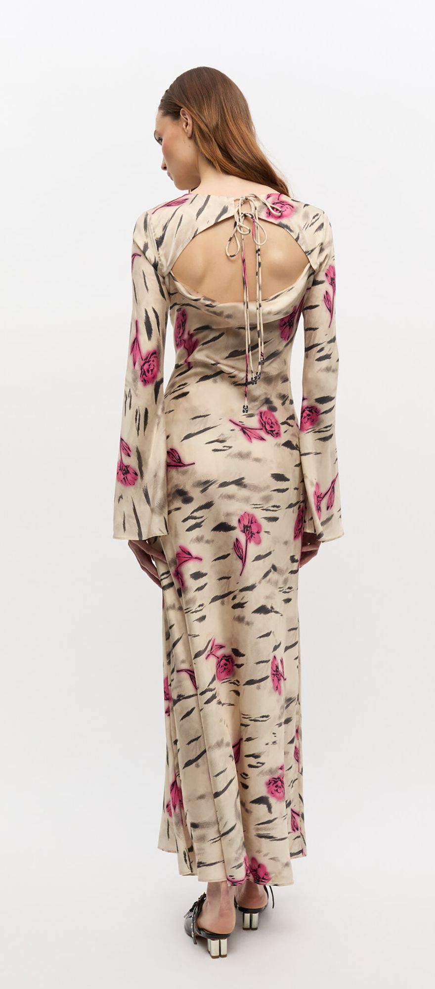 Floral satin spring wedding guest dress with open back and tie strings