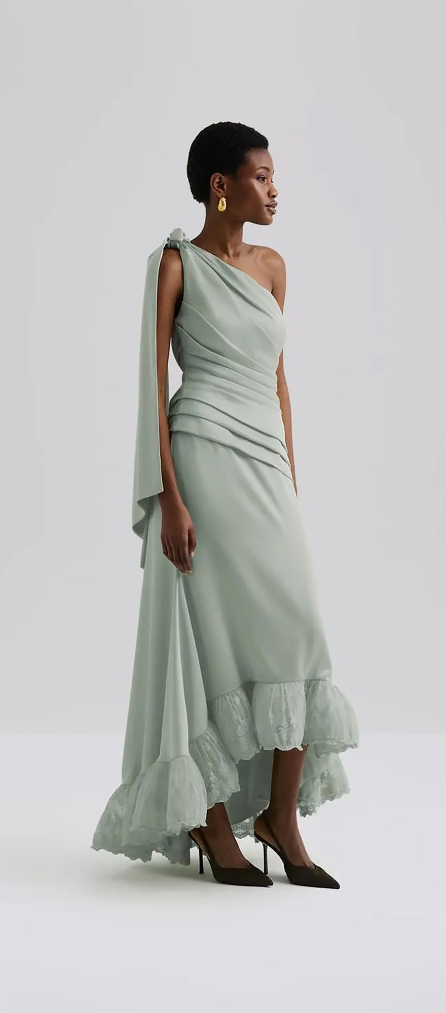 Sage green one shoulder spring wedding guest dress with ruffled hem