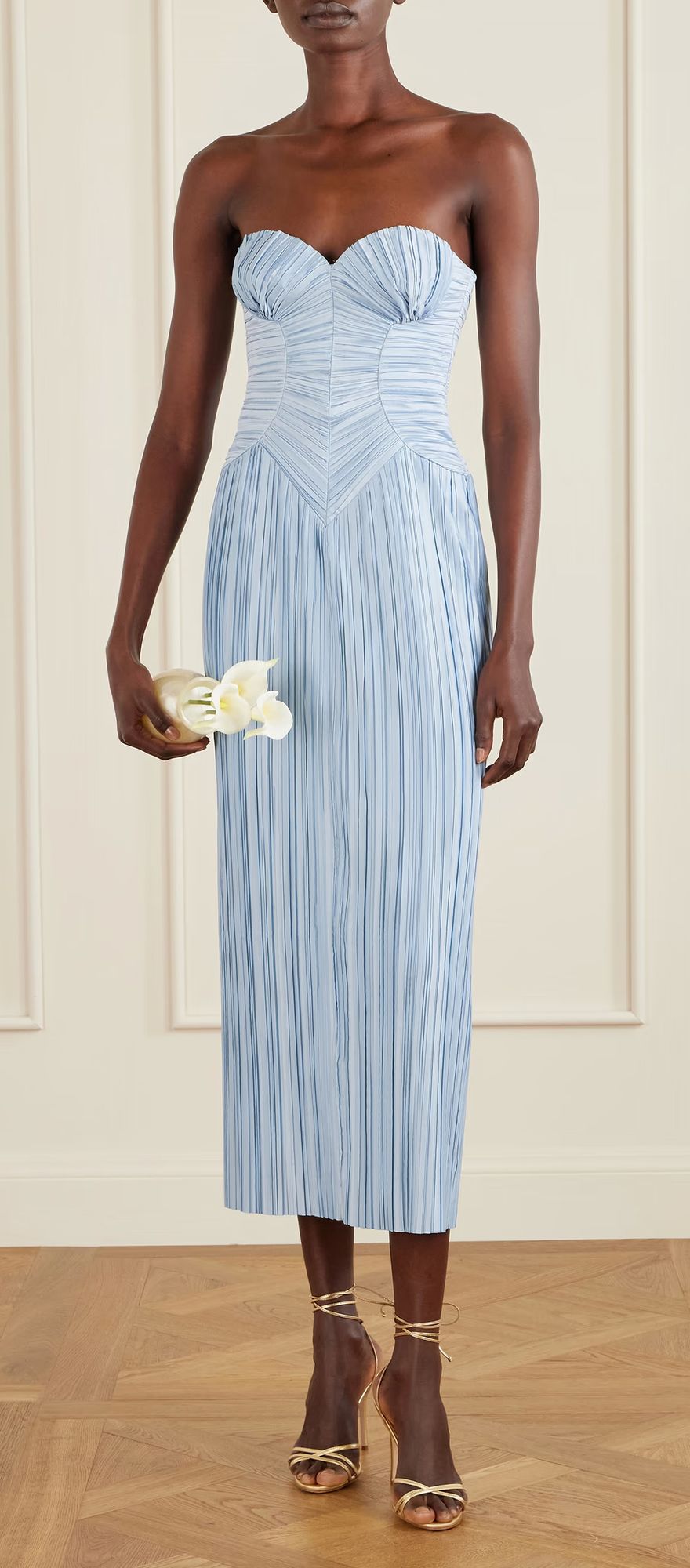 Pale blue pleated satin designer spring wedding guest dress