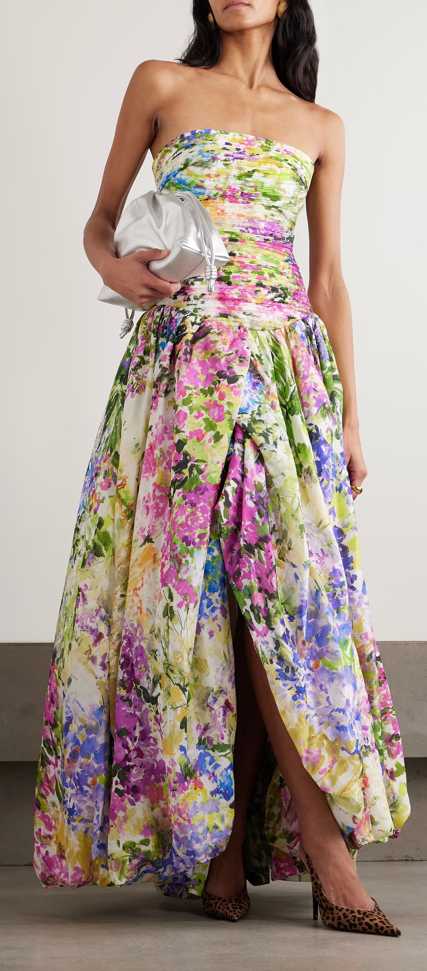 Colourful spring wedding guest dress with strapless neckline