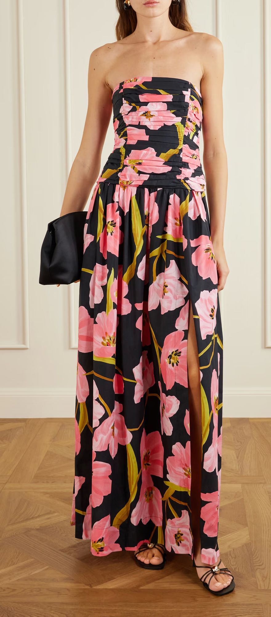Floral print strapless pleated floral designer spring wedding guest dress