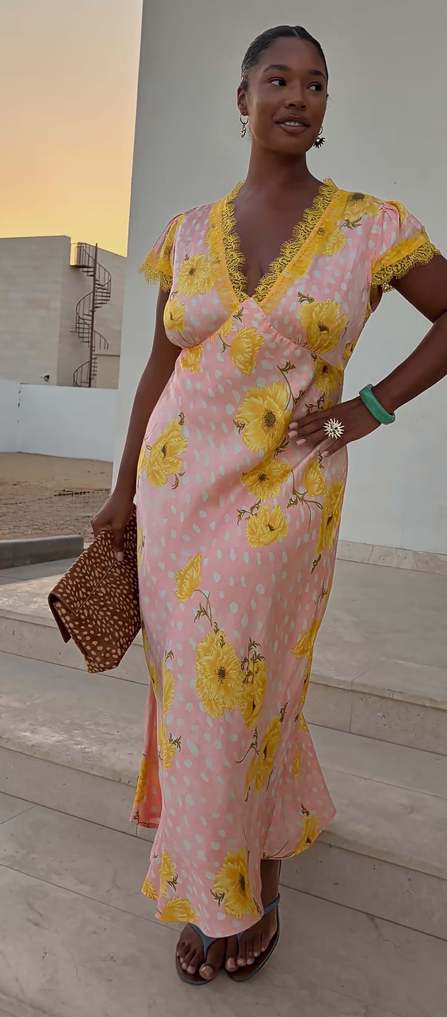 Light pink and yellow poppy spring wedding guest dress