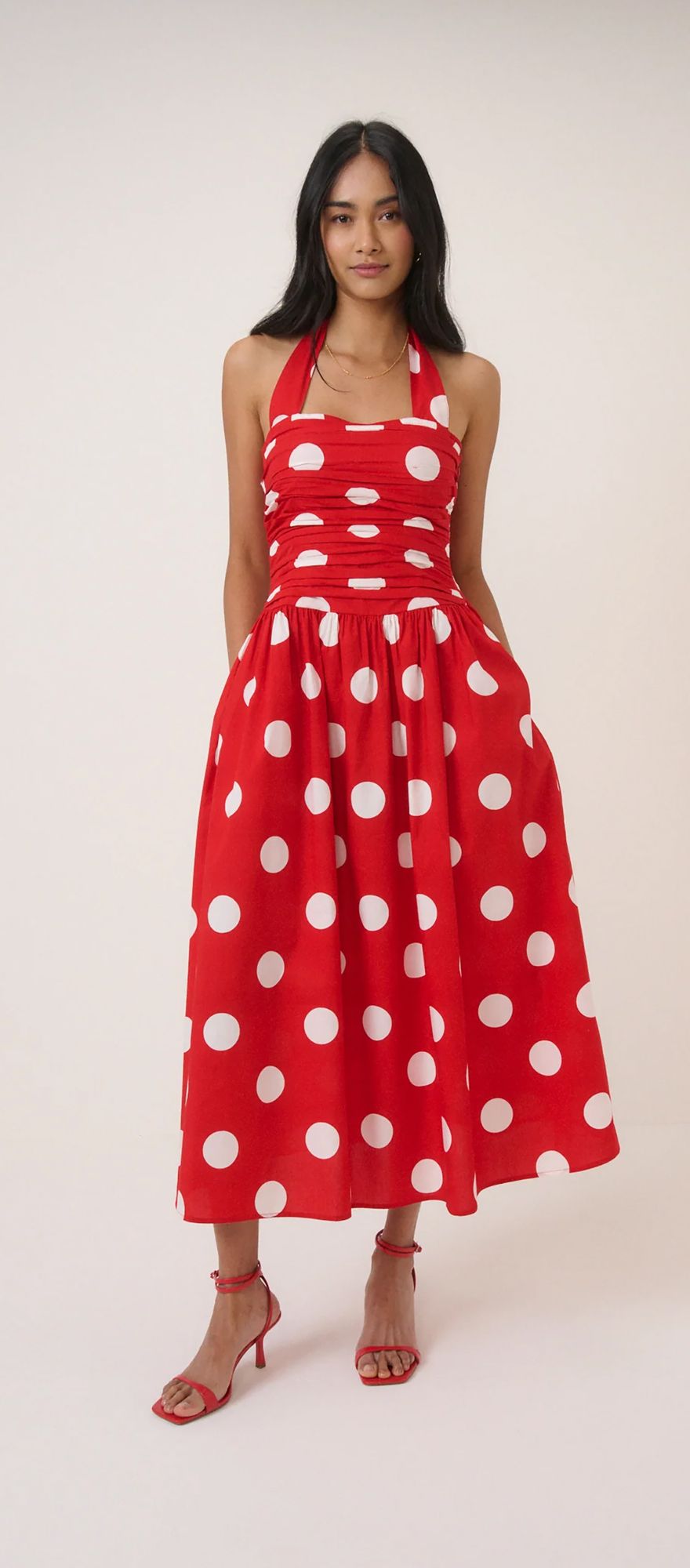 Red polka dot mini halter spring wedding guest dress