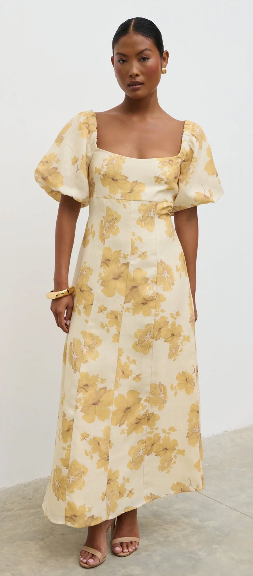 Yellow floral spring wedding guest dress with puff sleeves