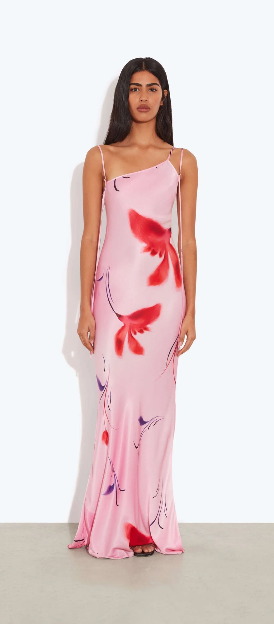 Pink floral bias cut spring wedding guest dress