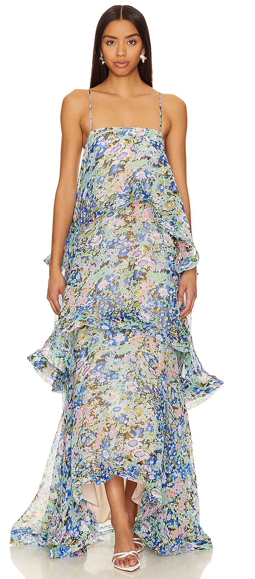 Multi coloured floral tiered spring wedding guest dress