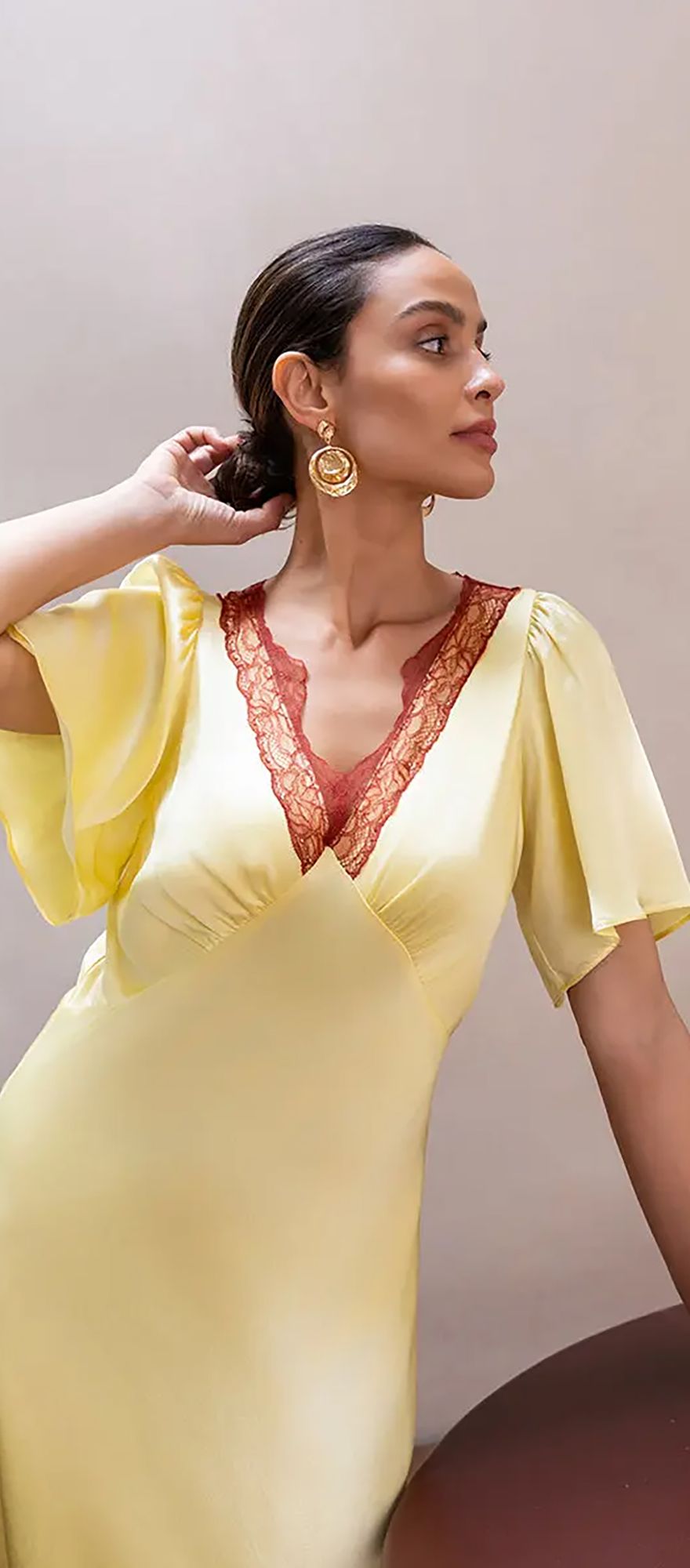 Butter yellow satin spring wedding guest dress with lace and flutter sleeevs