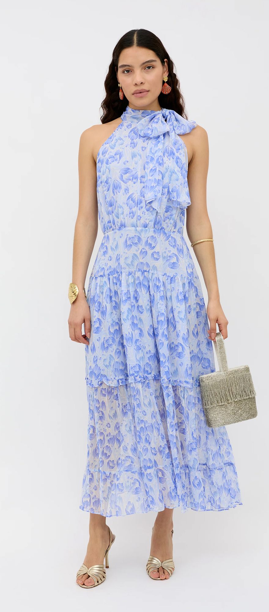Tulip print cornflower blue spring wedding guest dress