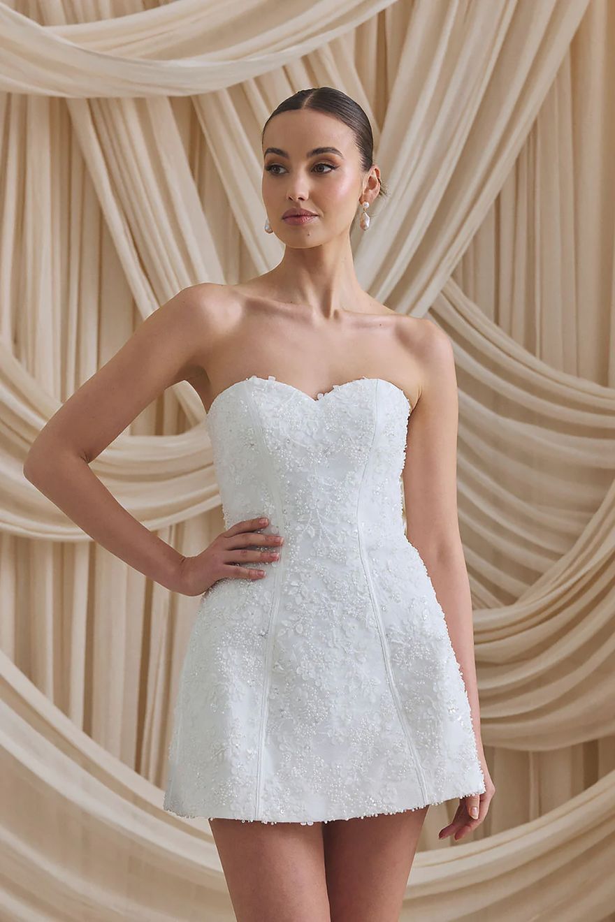 hen party dress uk Constanza White Embroidery Sequins Long Sleeve Feather Trim Hem Dress HOUSE OF MAGUIE