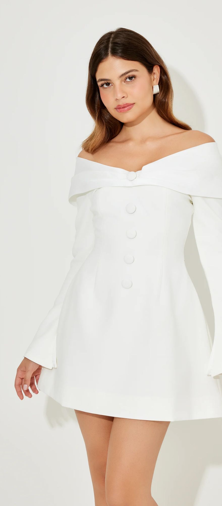 Odd Muse mini white long sleeve dress with bow neckline