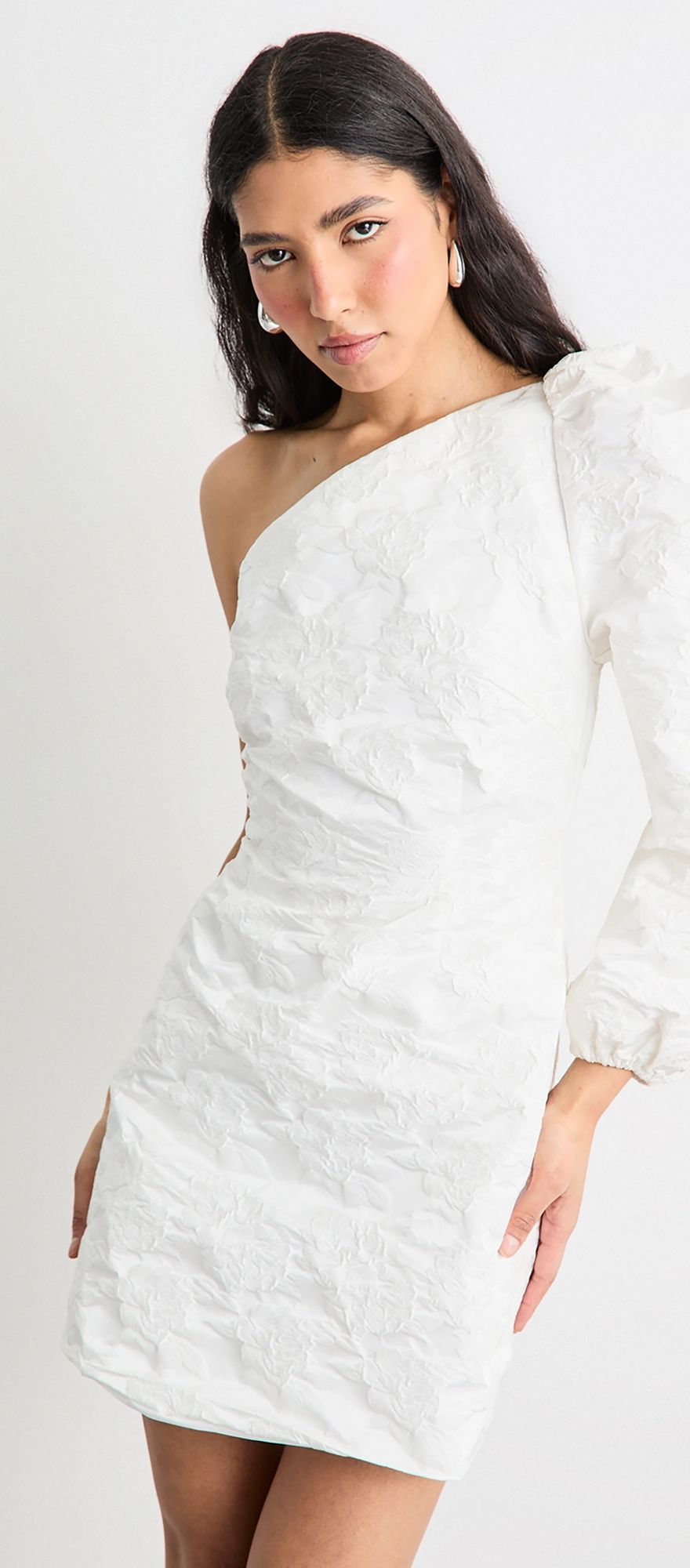 Warehouse floral jacquard one shoulder puff sleeve mini dress