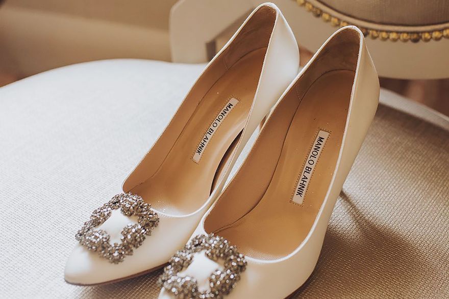 Manolo Blahnik designer embellished satin wedding shoes