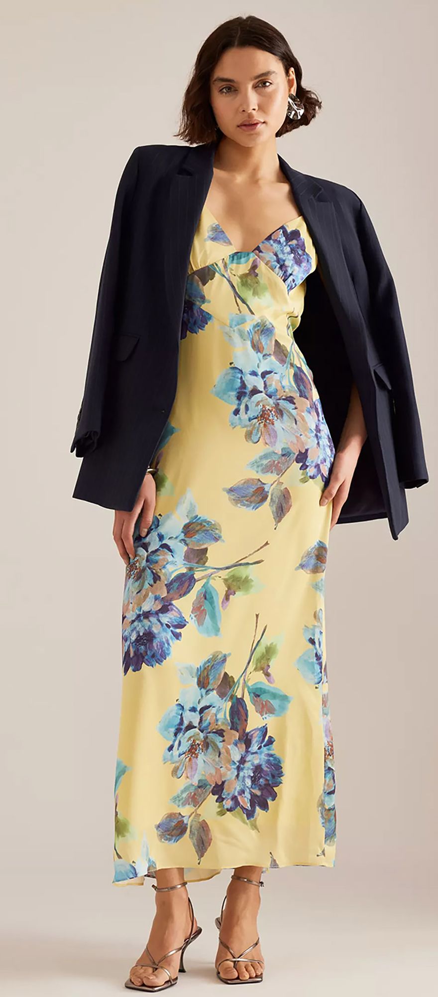 slip butter yellow wedding guest dress with blue floral print