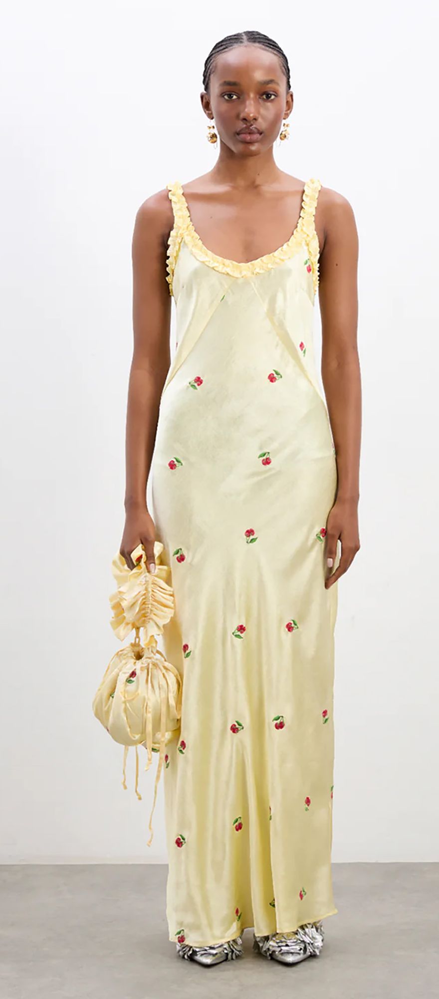 butter yellow bias slip wedding guest dress with cherry print