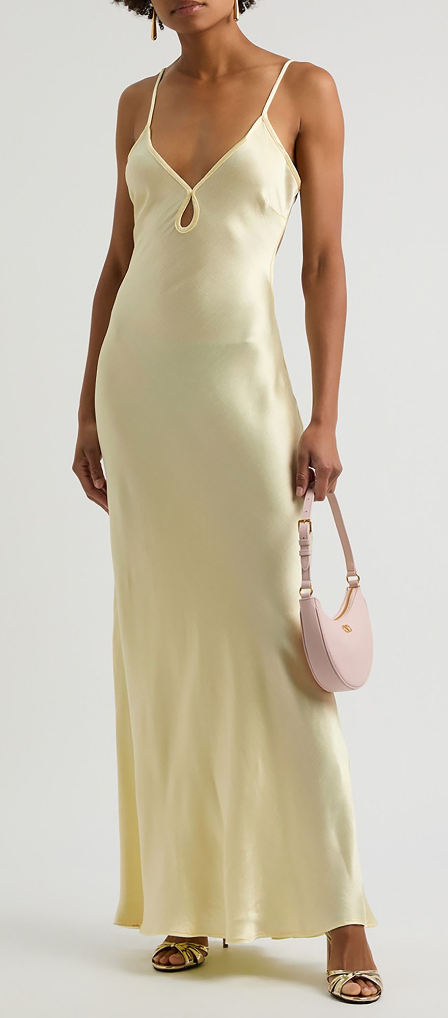 butter yellow maxi wedding guest dress in satin with keyhole design