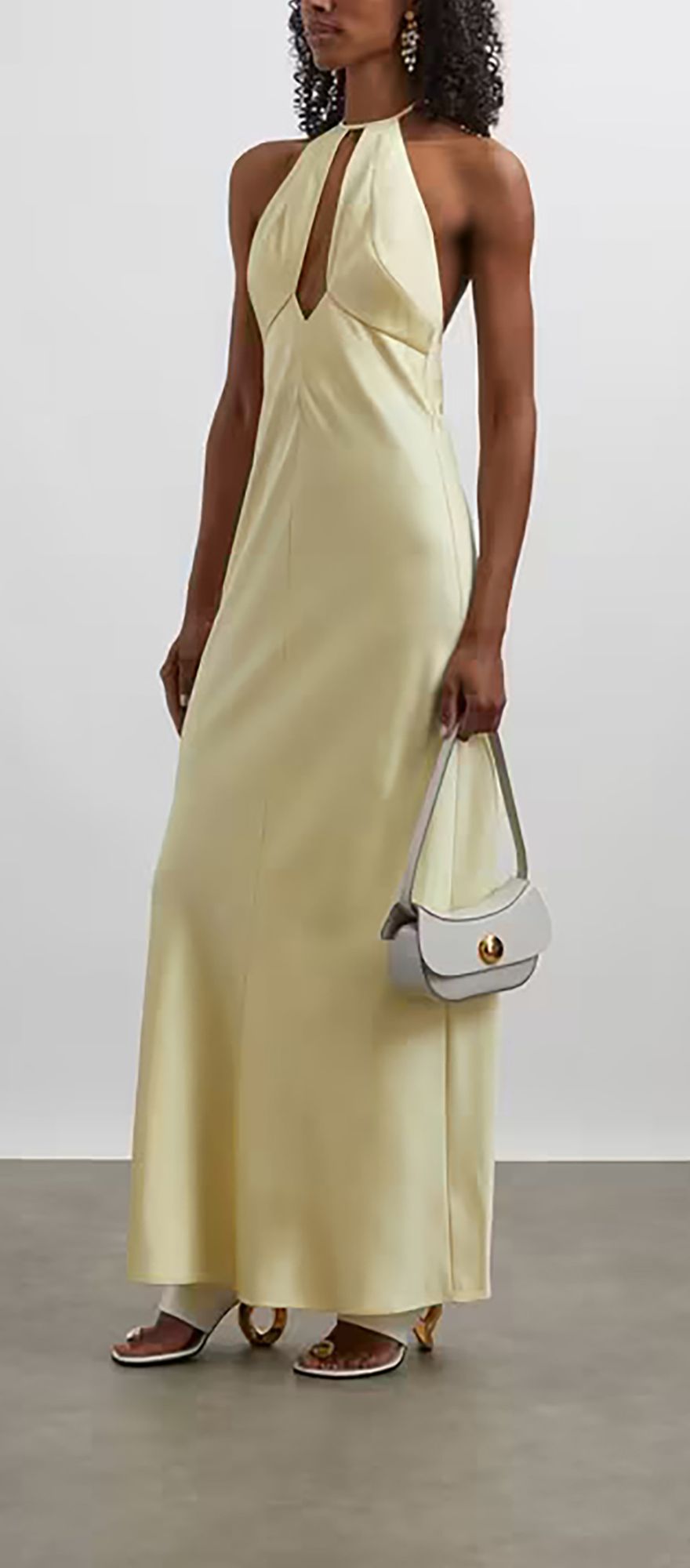 satin maxi butter yellow wedding guest dress with halter neckline
