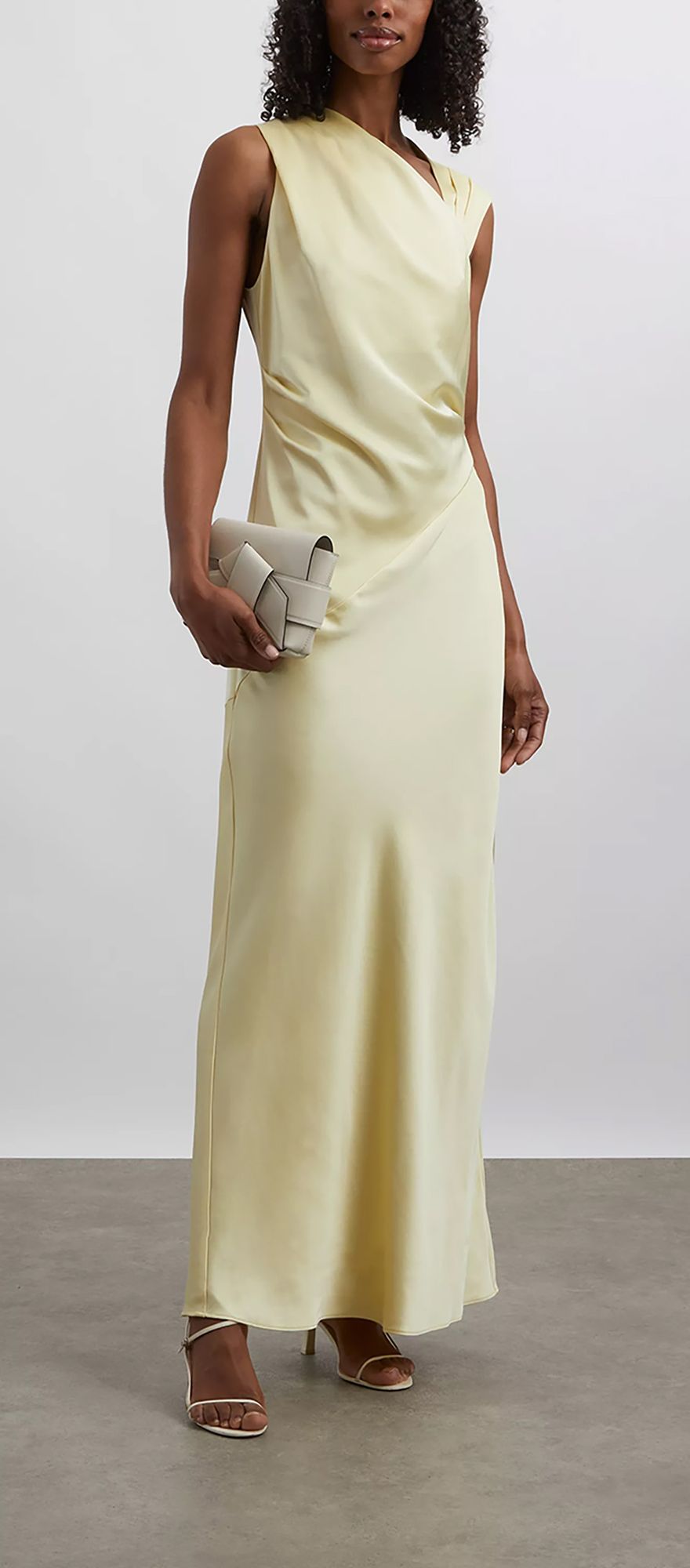 satin butter yellow maxi wedding guest dress