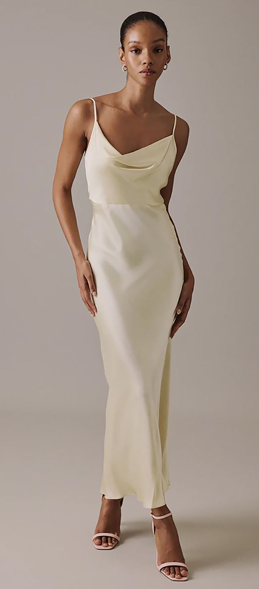 satin butter yellow wedding guest dress with cowl neckline