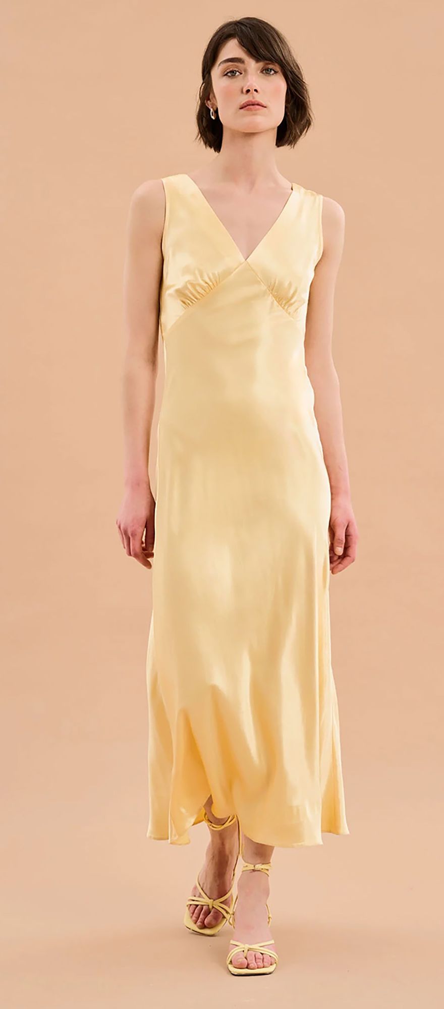 satin maxi wedding guest dress in butter yellow from omnes