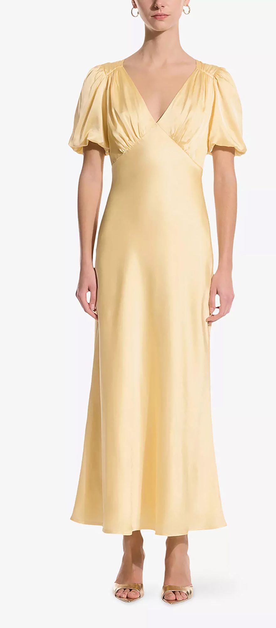 satin butter yellow midi wedding guest dress with puff sleeves