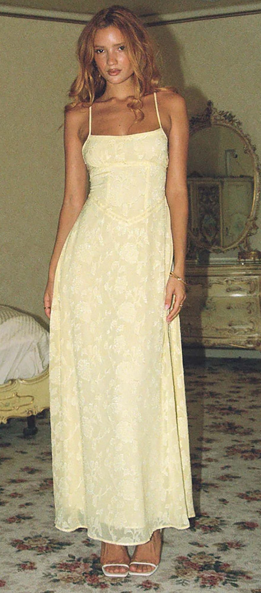 butter yellow maxi wedding guest dress with corset style top