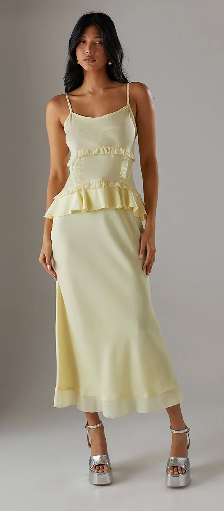 strappy butter yellow wedding guest dress with peplum style