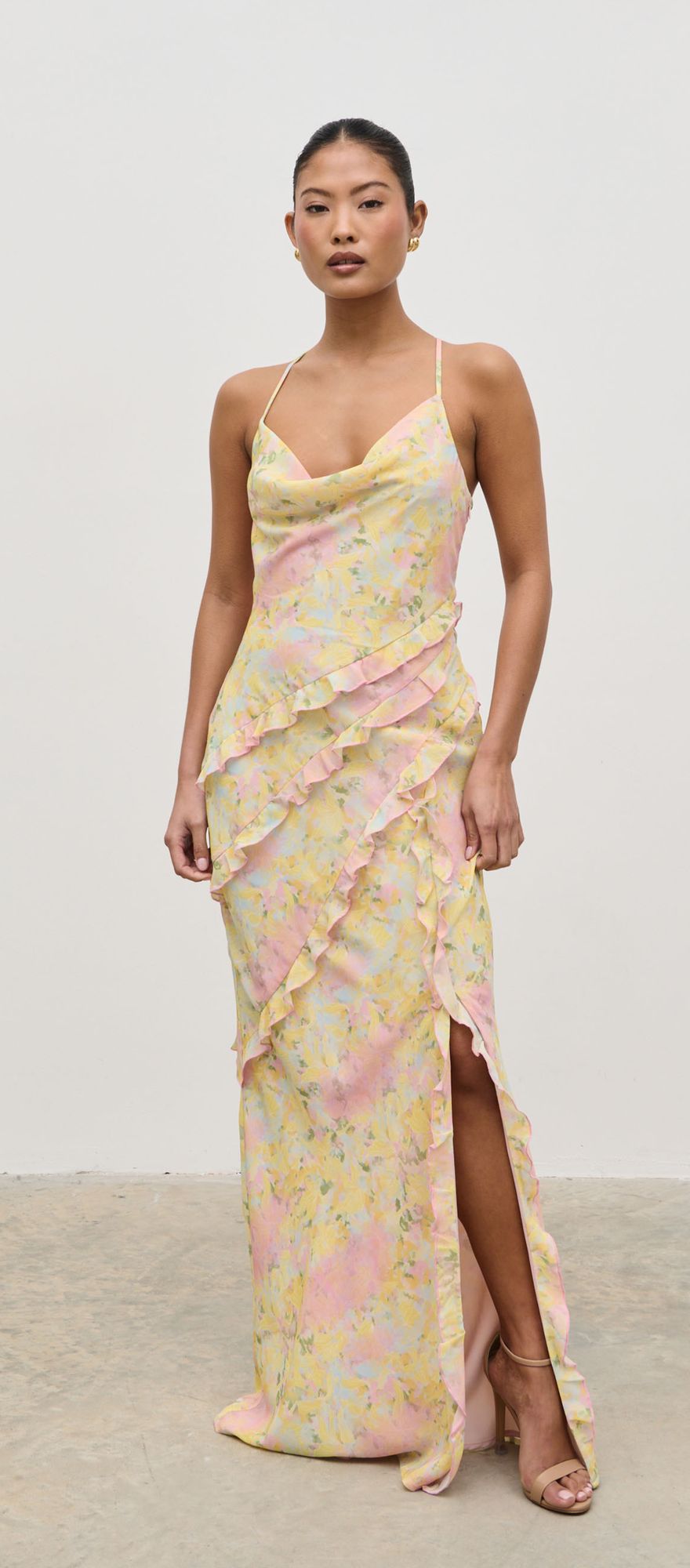 ruffle floral bridesmaid dress in pastel multi print