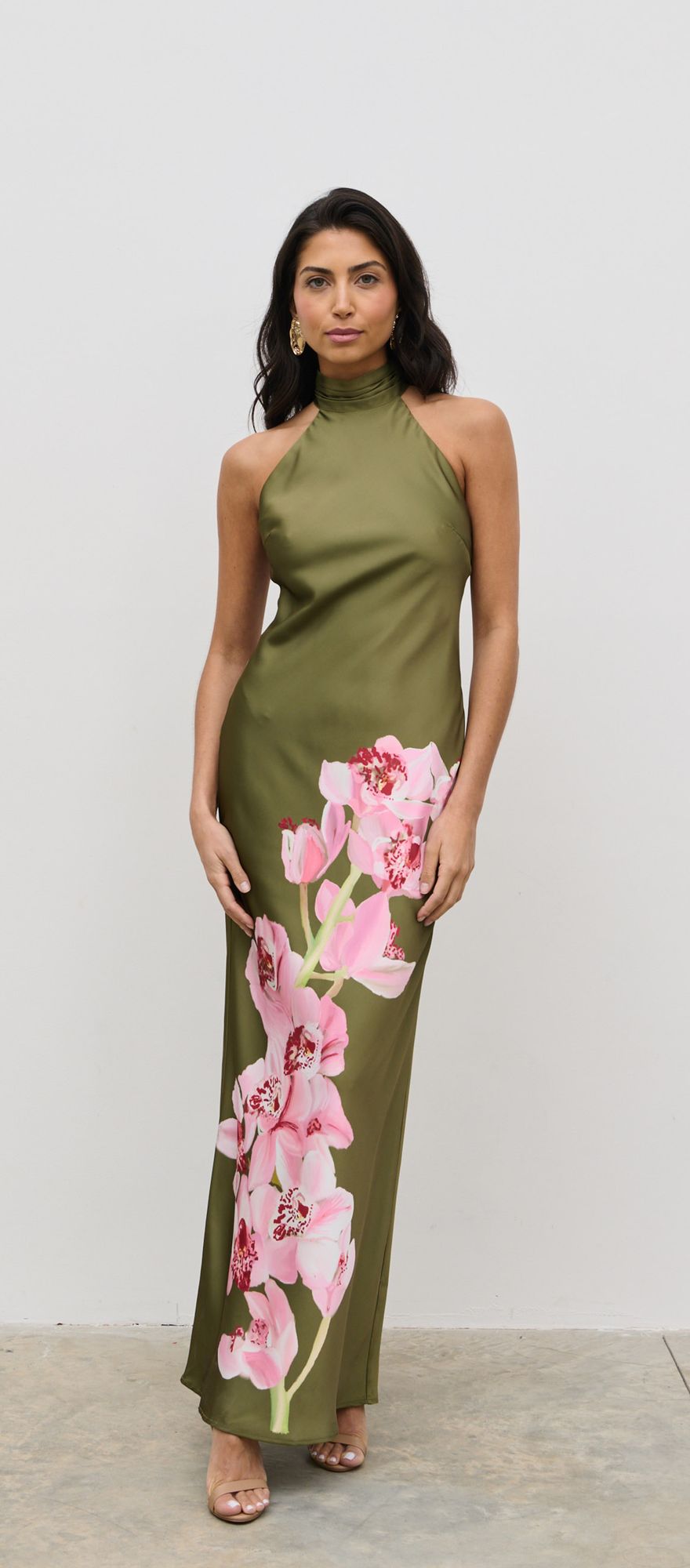 olive green and pink halterneck floral bridesmaid dress
