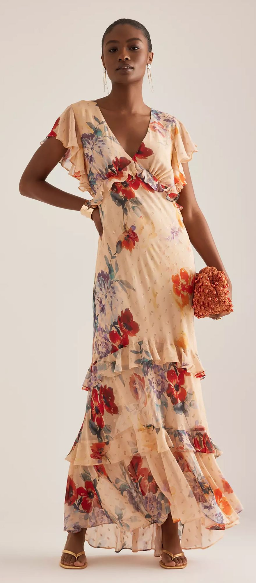 ruffle floral maxi bridesmaid dress