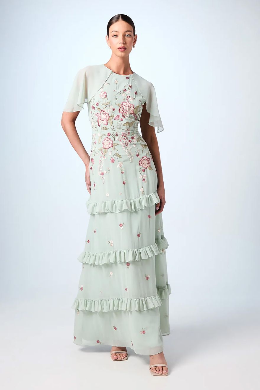 embroidered floral bridesmaid dress with cape detail